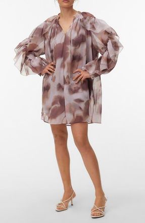 Vero Moda Sabrina Print Split Neck Ruffle Trim Dress in Wistful Mauve Aopmarie at Nordstrom, Size X-Small