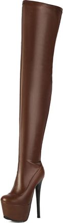 Generic Womens Stiletto High Heel Over The Knee Boots Round Toe Platform Thigh High Boots PU Leather Long Boot with Side Zipper,Brown,6.5 UK