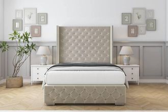 Sloomy Arundel Plush Bed Frame With 50 Upholstered Wingback Headboard in Cream | Size: King