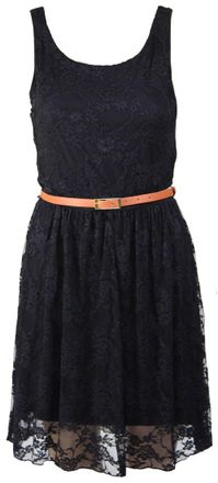 Purple Hanger Womens New Sleeveless Floral Lace Belt Ladies Black Mini Skater Scoop Neck Plain Dress Size 8 10