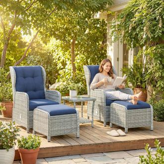 OUTSUNNY Recliner Rattan Garden Furniture w/ Two-tier Table in Dark Blue