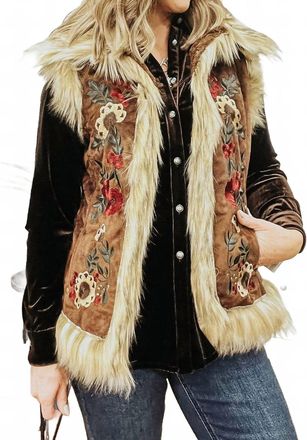 Tasha Polizzi Chateau Embroidered Faux Suede And Fur Vest In Cedar