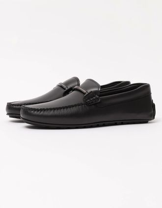 HUGO BOSS Mens BOSS Orange Noel Mens Leather Driver Shoes with Branded Hardware - Black 001 - Size: 10