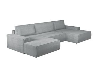 Vente-Unique Gran sof&aacute; cama rinconera panor&aacute;mico de pana gris claro AMELIA