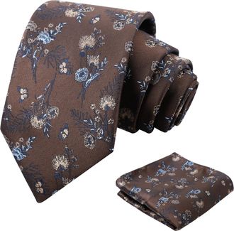 Alizeal Mens Flower Ties for Men with Handkerchief Floral Butterfly Patterned Classic Elegant Wedding Party Necktie Set, Brown+Blue