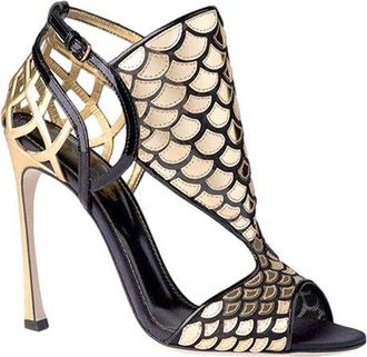 Sergio Rossi Black & Gold Fish Scale Heeled Sandals Size 39.5