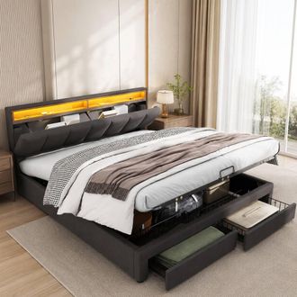 Merax Grey 6ft Super King LED Ottoman Storage Bed with 2 Drawers