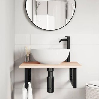 Berkfield Home Elegant Basin Shelf Wall Mounted Steel & Solid Wood Oak in Natural