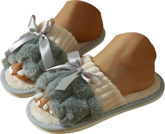 Generic Bow Slippers for Women with Memory Foam Open Toe Slippers Women Non-Slip Sole Warm Plush Indoor Outdoor Slipper Ladies Cute House Shoes Comfy Soft Bed