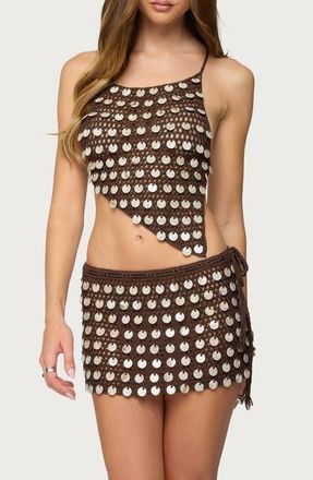 Edikted Alora Paillette Open Stitch Asymmetric Crop Top in Brown at Nordstrom, Size X-Small