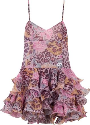 GCDS Animalier Rouche Mini Jurk - Dames - Korte kleedjes - Roze - XL - Polyester - Kleedjes
