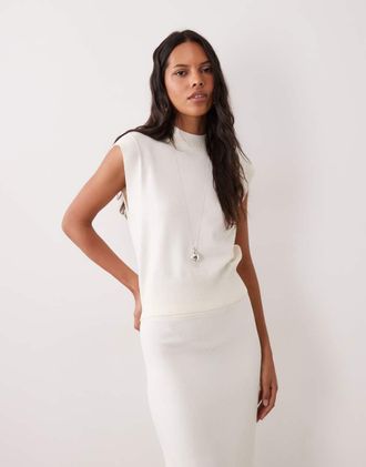 4th & Reckless top senza maniche in maglia con collo alto e dettagli a coste, coordinato, crema-Bianco
