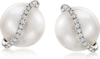 Ross-Simons 8-8.5mm Cultured Pearl and Diamond-Accented Swirl Earrings in Sterling Silver