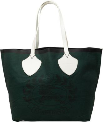 Burberry Green White Canvas Tote Bag (Pre-Owned)