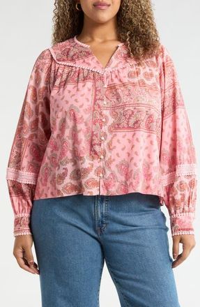 Treasure & Bond Lace Trim Embroidered Top in Pink- Olive Patchwork Paisley at Nordstrom, Size 1X