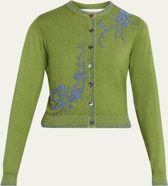 Prabal Gurung Embroidered Silk-Cashmere Crewneck Cardigan