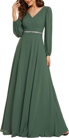 Ever-pretty Bridesmaid Dresses for Women Long Sleeves V Neck A-line Maxi Evening Dress Eucalyptus 18