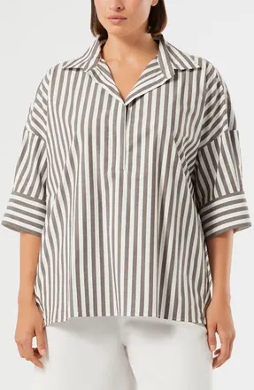 Marina Rinaldi Boa Stripe Stretch Cotton Top in Chocolate at Nordstrom, Size 18W