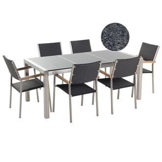 Beliani Conjunto De Comedor De Jard&iacute;n Negro Con Mesa 180 X 90 Cm De Granito Negro 6 Sillas De Rat&aacute;n Grosseto