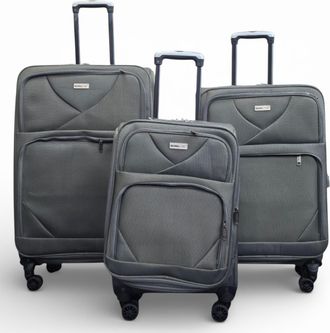 Infinity Leather Softshell lichtgewicht grijs nylon 4-wiel reiskoffer vakantieset van 3 koffers