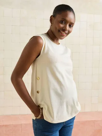 Vertbaudet &Auml;rmelloses T-Shirt mit goldenen Kn&ouml;pfen f&uuml;r Schwangerschaft und Stillzeit, Bio-Baumwolle beige