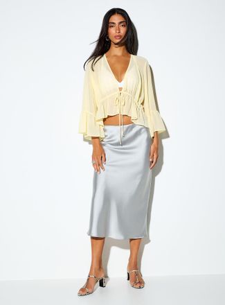 Icone Womens Bell sleeve sheer chiffon tie-front blouse