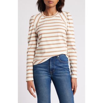 Wit & Wisdom Stripe Puff Shoulder Knit Top in Off White/Sahara Sand at Nordstrom Rack, Size X-Large