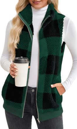 Feoya Womens Fleece Vest Plaid Outerwear Gilets Sleeveless Lightweight Zip Jackets Warm Soft Vests with Pockets Dark Green XXL