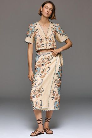 Farm Rio Scalloped Linen Midi Skirt