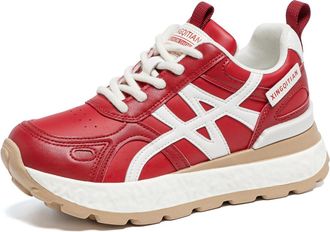 Generic Wedge Sneakers for Women, Stylish Wedge Tennis Shoes Non-Slip Lace Up Platform Daily Sneakers,Red,3.5 UK