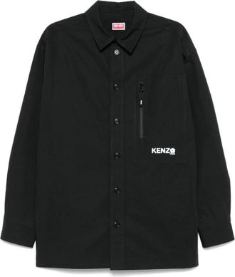 Kenzo Overhemden, Heren, Zwart, L, Zwarte knoopshirt met ritssluiting zak