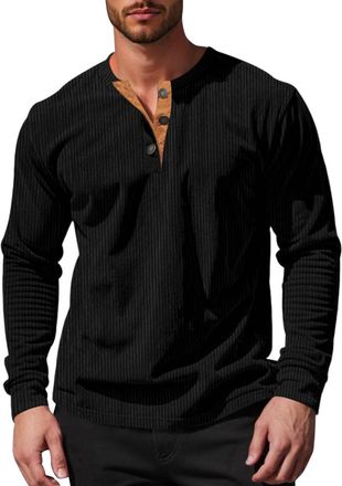 Generic Mens Corduroy Henley Shirt Long Sleeve Button Crew Neck Vintage Slim Fit Sshirts Fashion Soft Lightweight Casual Classic Work Grandad Shirt (Black, XX