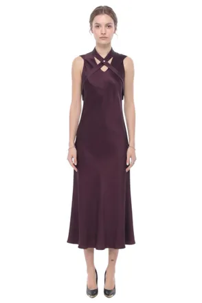 Off-white Purple Solid Mock Collar Midi Dress