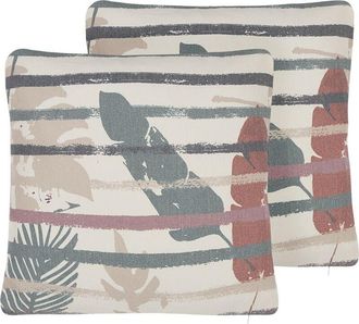 Beliani Conjunto De 2 Cojines De Poli&eacute;ster Algod&oacute;n Multicolor Patr&oacute;n De Hojas A Rayas 45 X 45 Cm Accesorio Decorativo Bidens