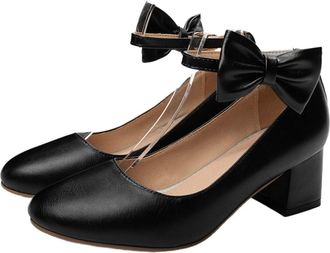 Yardwe Chunky Mid-Heel Single Shoes with Bowknot Stylish Buckle Strap Elegant Low-Heel Footwear for Women Lady Black Comfortable Wide Fit for Daily Wear and 