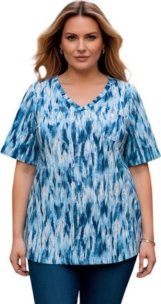Roaman's Plus Size Slub V Neck Boyfriend Tunic Top in Pale Blue Textured Ikat at Nordstrom, Size Medium
