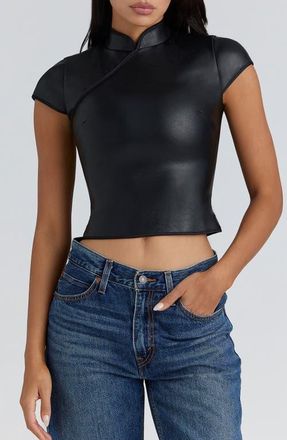 House of CB Bobbi Mandarin Collar Faux Leather Crop Top in Black at Nordstrom, Size X-Small