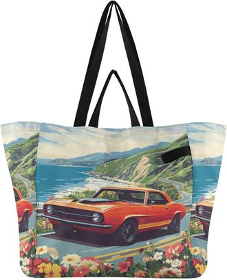Generic Colorful Flower Car print Reusable Canvas Tote Bag, Heavy Duty Grocery Shopping Bag with Double Handles Large Capacity Hard Bottom Work Groceries Trav