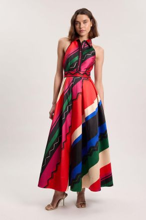 Karen Millen Womens Petite Abstract Print Twill Contrast Collared Woven Maxi Dress - Multicolour