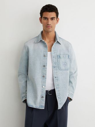 Reiss Acid Blue Monogram Relaxed Washed-denim Overshirt, Xxl