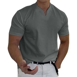 Generic Men Spring Summer Casual V Neck Solid Short Sleeve Tee Shirt Top Blouse Funny Shirts for Men (Dark Gray, L)