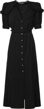 Alessandra Rich Kleedjes, Dames, Zwart, M, Zijden Jacquard Jurk tot op de knie met V-hals