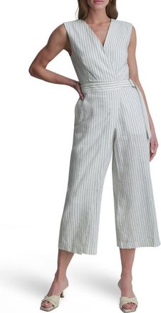 DKNY Stripe Linen Blend Crop Jumpsuit in Ivory/admiral at Nordstrom, Size Xx-Small