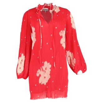 Ganni Ganni Ruffle-Trimmed Floral-Print Pliss&eacute;-Chiffon Mini Dress In Red Viscose
