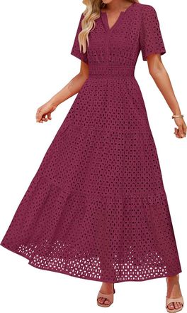 Generic Dresses for Women UK Plus Size Womens Gown Womens 2025 Summer Short Sleeve Maxi Dress Casual V Neck Hollow Out Eyelet Ruffle Swing A Line Long Dress F