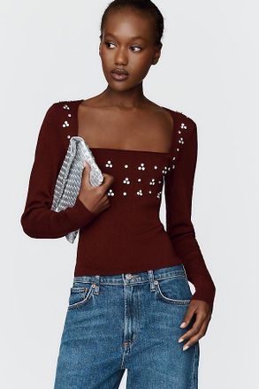 Anthropologie Maeve Embellished Square Neck Sweater