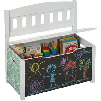 Relaxdays Relaxdays childrens storage bench with blackboard, backrest, HxWxD: 55.5 x 57 x 30 cm, lion motif, toy box, colourful