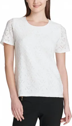 Calvin Klein Short Sleeve Scoop Neck Lace Top In Soft White