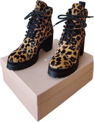 Miu Miu Leopard Print Lace-Up Ankle Boots Size 38.5