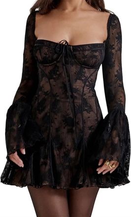 Generic Womens Dresses Summer Backless Vintage Elegant Retro Lace Falre Sleeve Mini Short Dress Bodycon (Color : Black, Size : XX-Large)